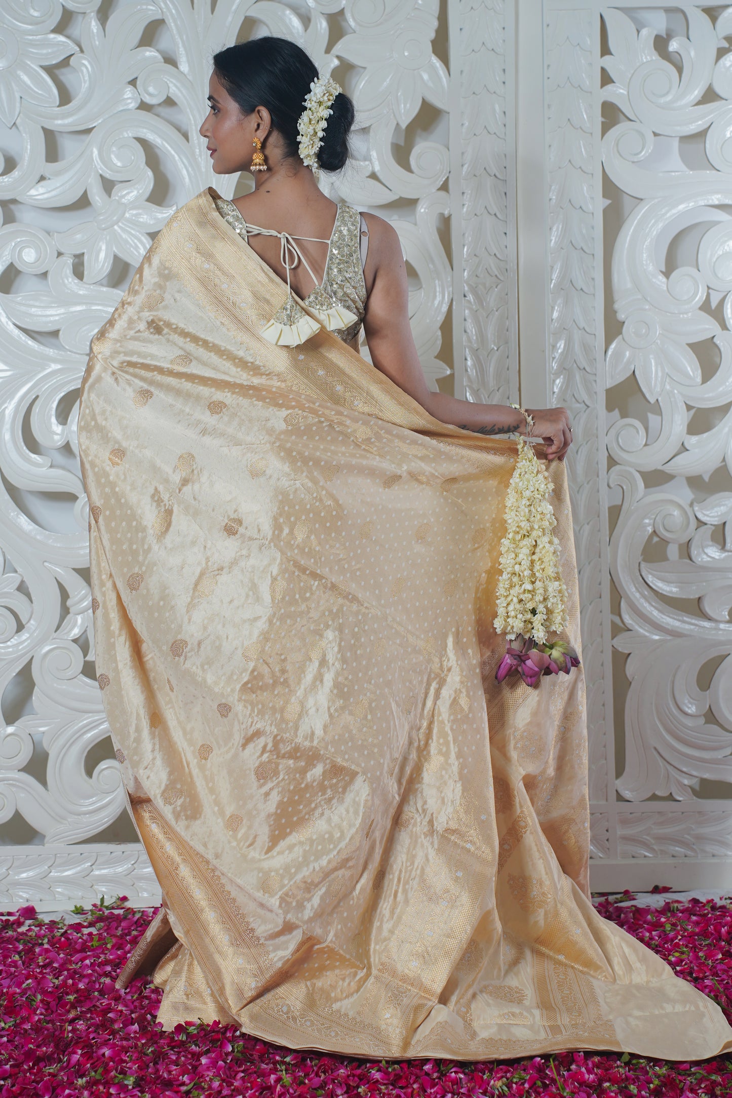 Golden Pure Banarasi Silk Saree with allover booti work