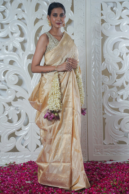 Golden Pure Banarasi Silk Saree with allover booti work