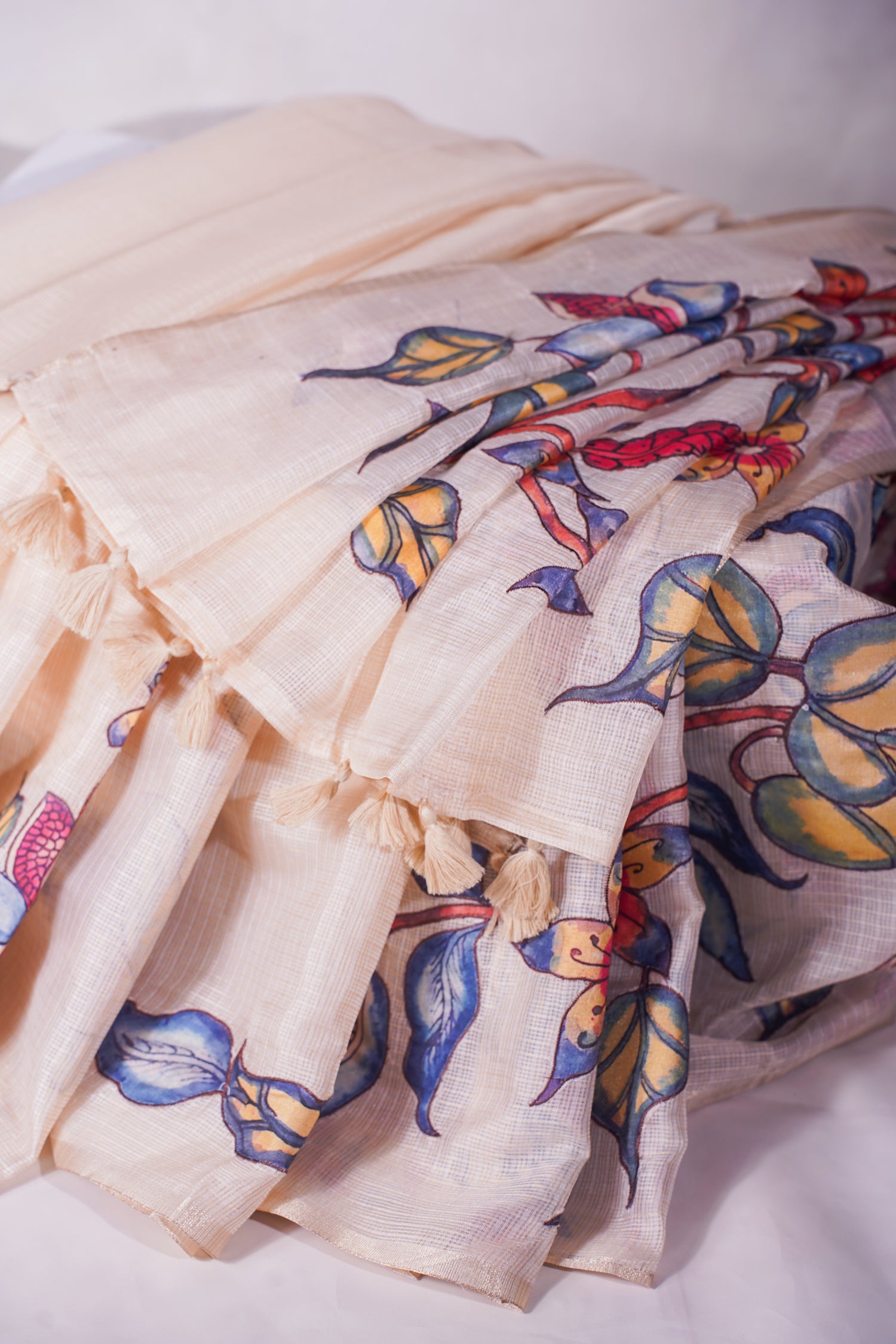 "UTSAV BANARAS 345" Banarasi Cream Munga Silk Saree With Multicolored Pomegranate &amp; Bird Applique Embroidery