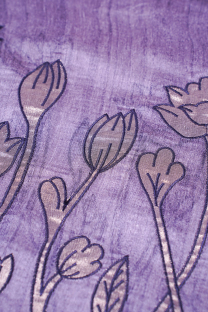 "WAAH BANARAS 017" Banarasi Lavender-Grey Linen Silk Saree With Pencil Sketch Floral Embroidery