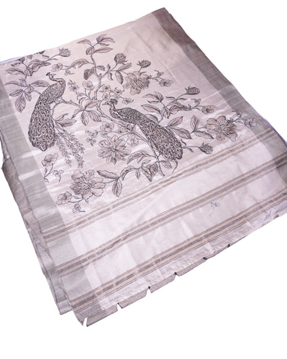 "UTSAV BANARAS 356" Banarasi Silver Grey Linen Silk Saree With Green Pencil Sketch Peacock Embroidery