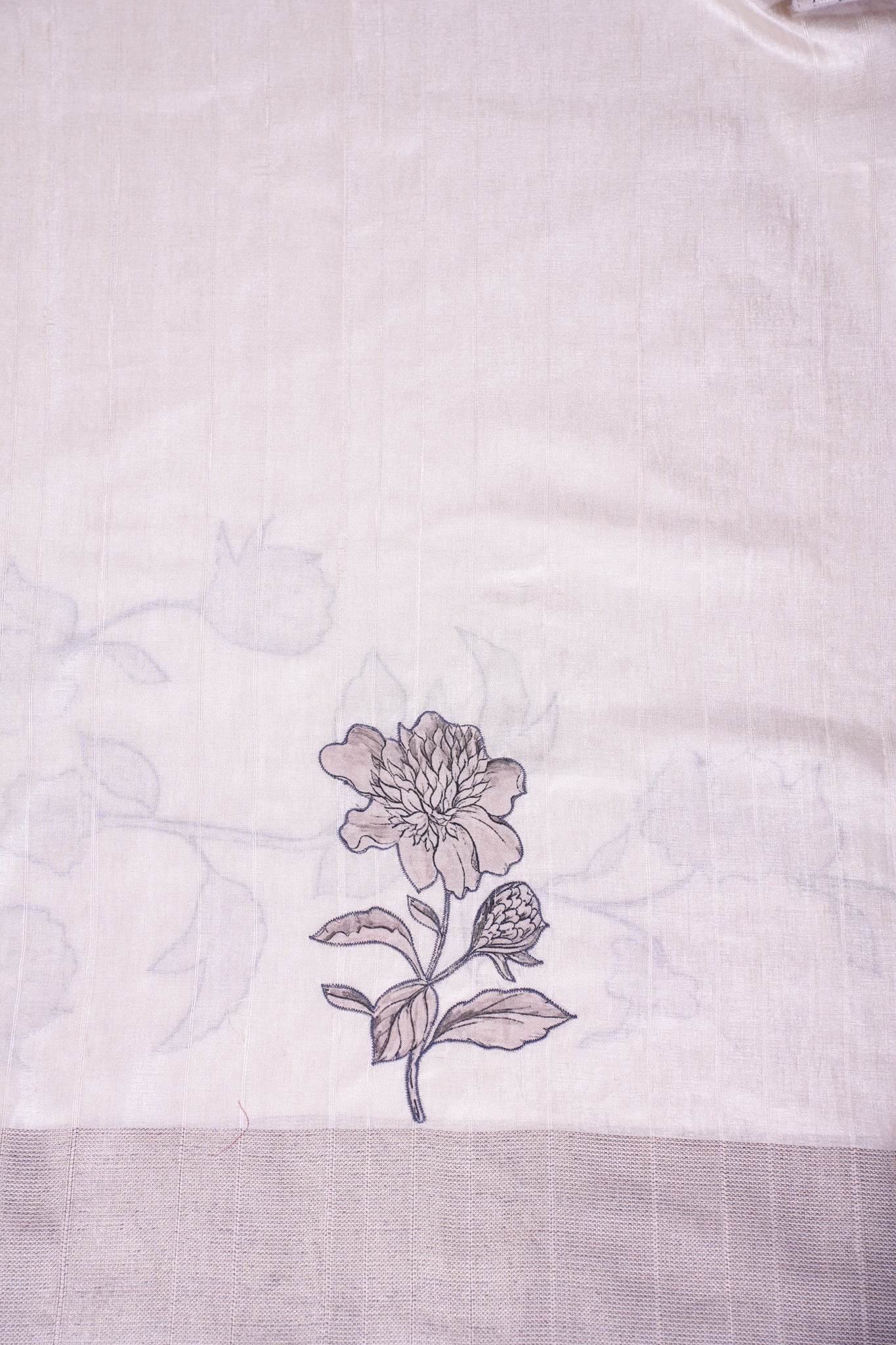 "UTSAV BANARAS 356" Banarasi Silver Grey Linen Silk Saree With Green Pencil Sketch Peacock Embroidery