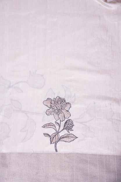 "UTSAV BANARAS 356" Banarasi Silver Grey Linen Silk Saree With Green Pencil Sketch Peacock Embroidery