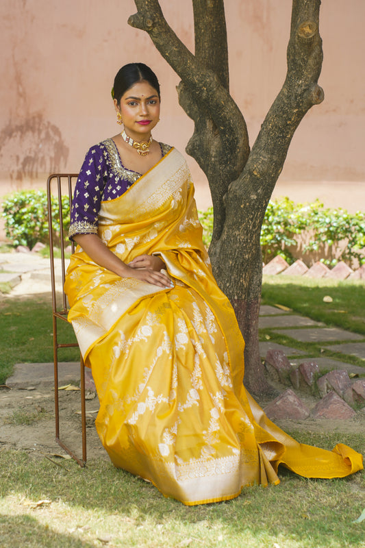 Mustard Pure Tissue Silk Banarasi Handwoven Saree