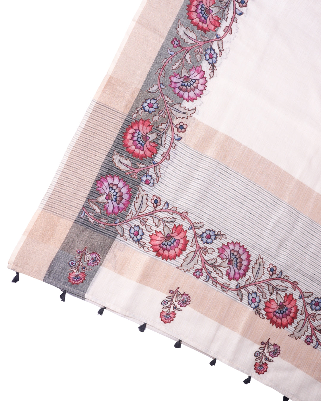 "UTSAV BANARAS 357" Banarasi Cream Linen Silk Saree With Pink &amp; Red Floral Applique Border