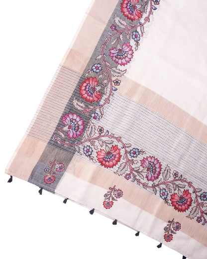"UTSAV BANARAS 357" Banarasi Cream Linen Silk Saree With Pink &amp; Red Floral Applique Border