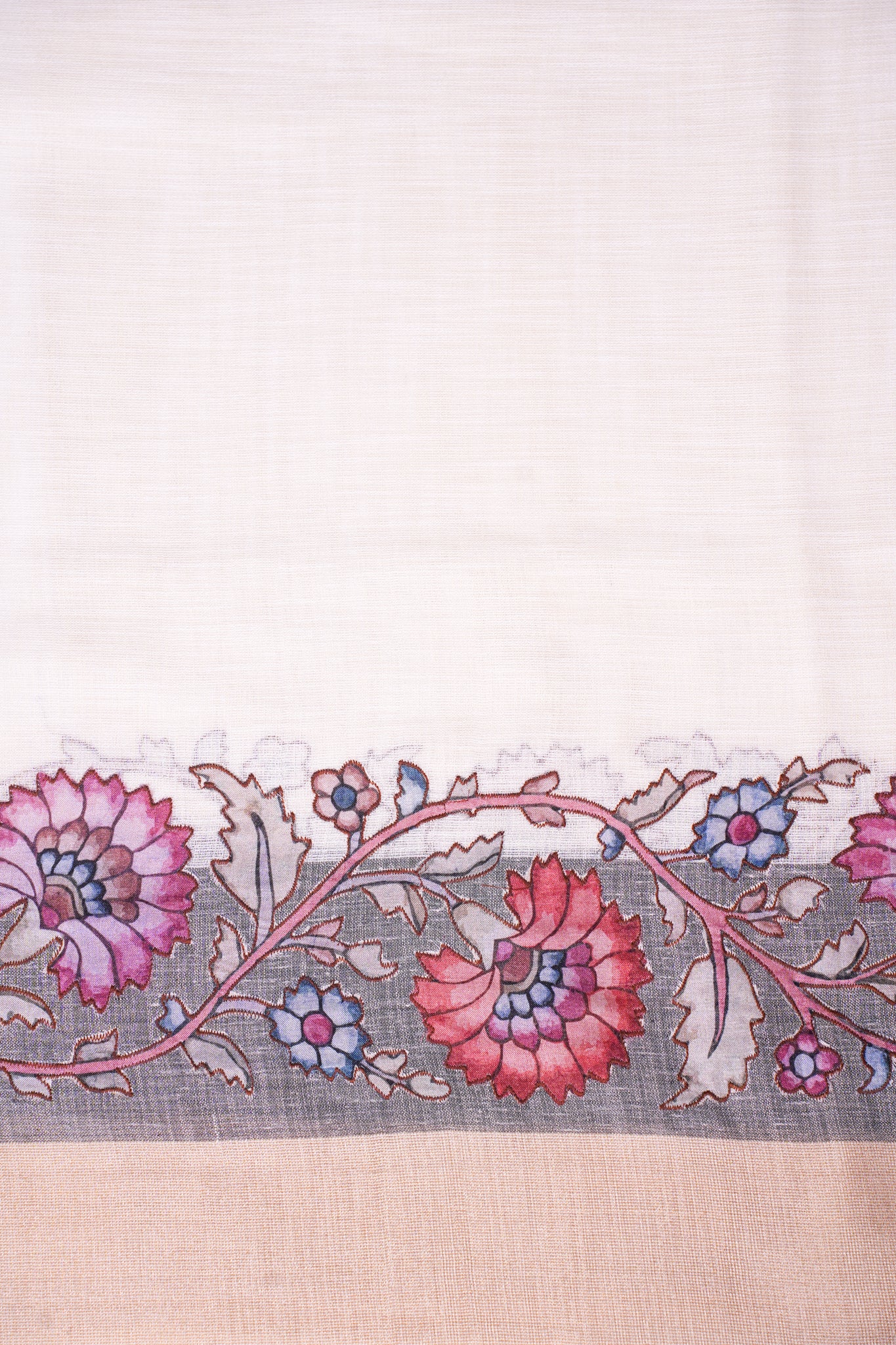"UTSAV BANARAS 357" Banarasi Cream Linen Silk Saree With Pink &amp; Red Floral Applique Border