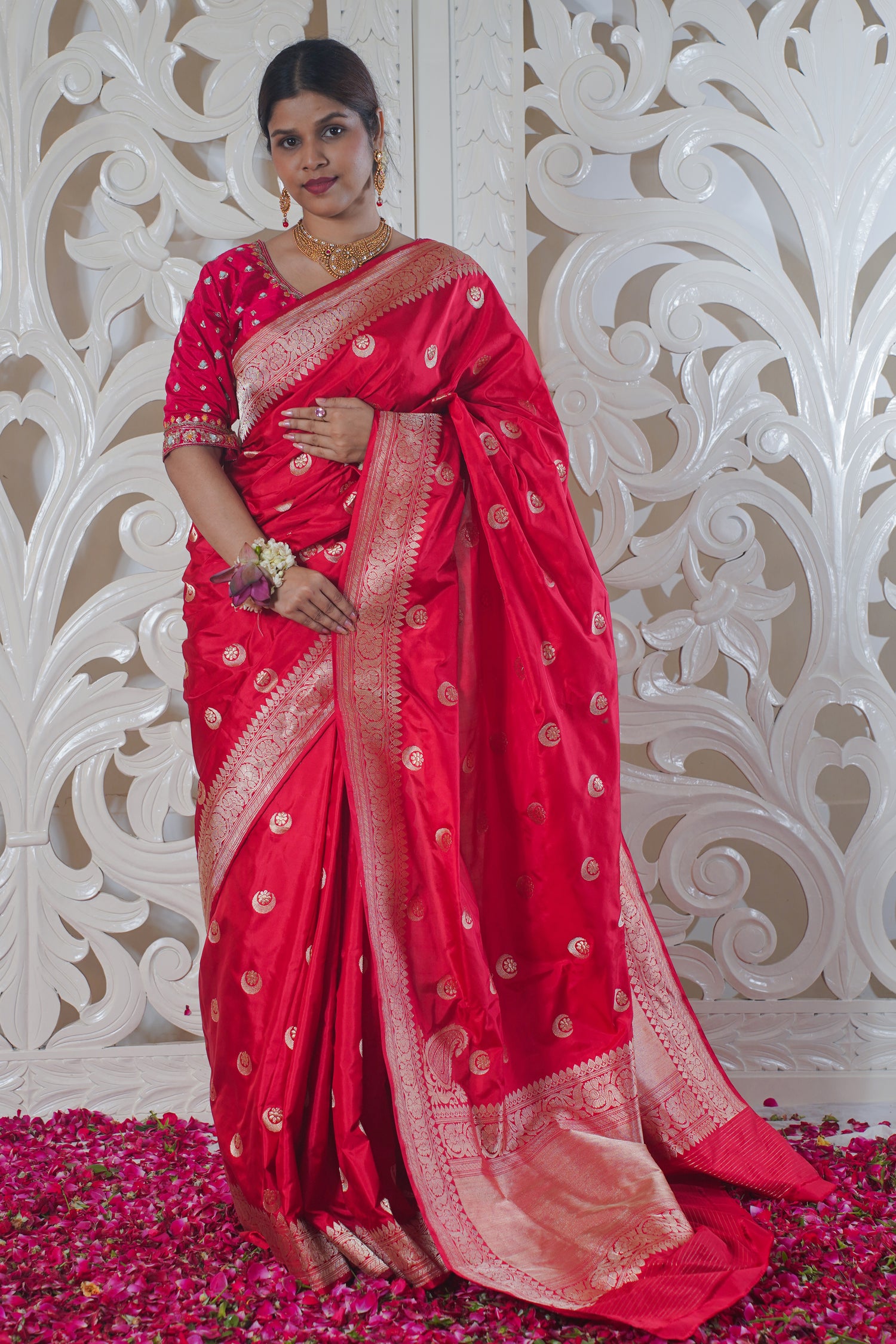 "VIRASAT 166" Red Pure Banarasi Silk Saree With Chand Boota Work
