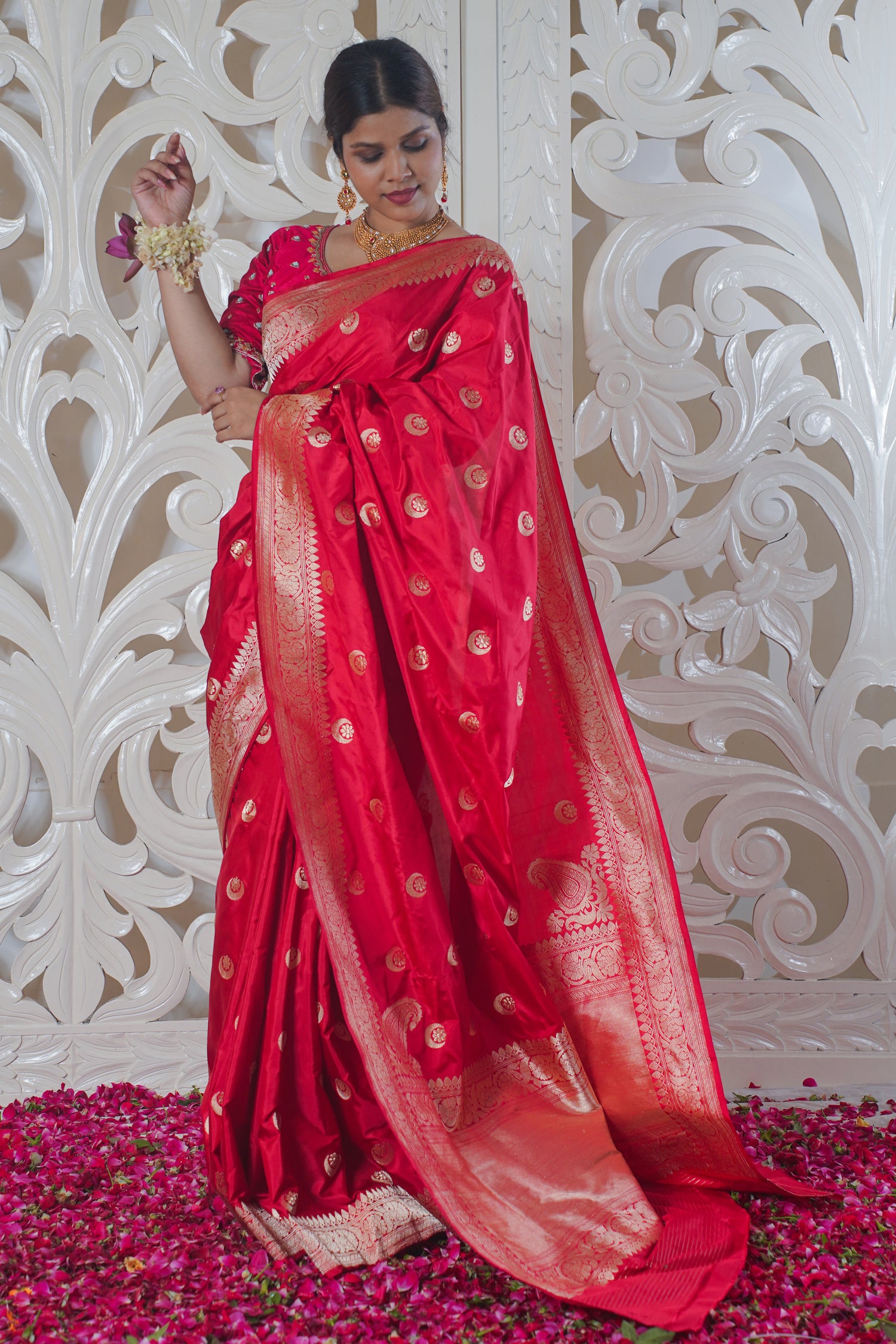 "VIRASAT 166" Red Pure Banarasi Silk Saree With Chand Boota Work