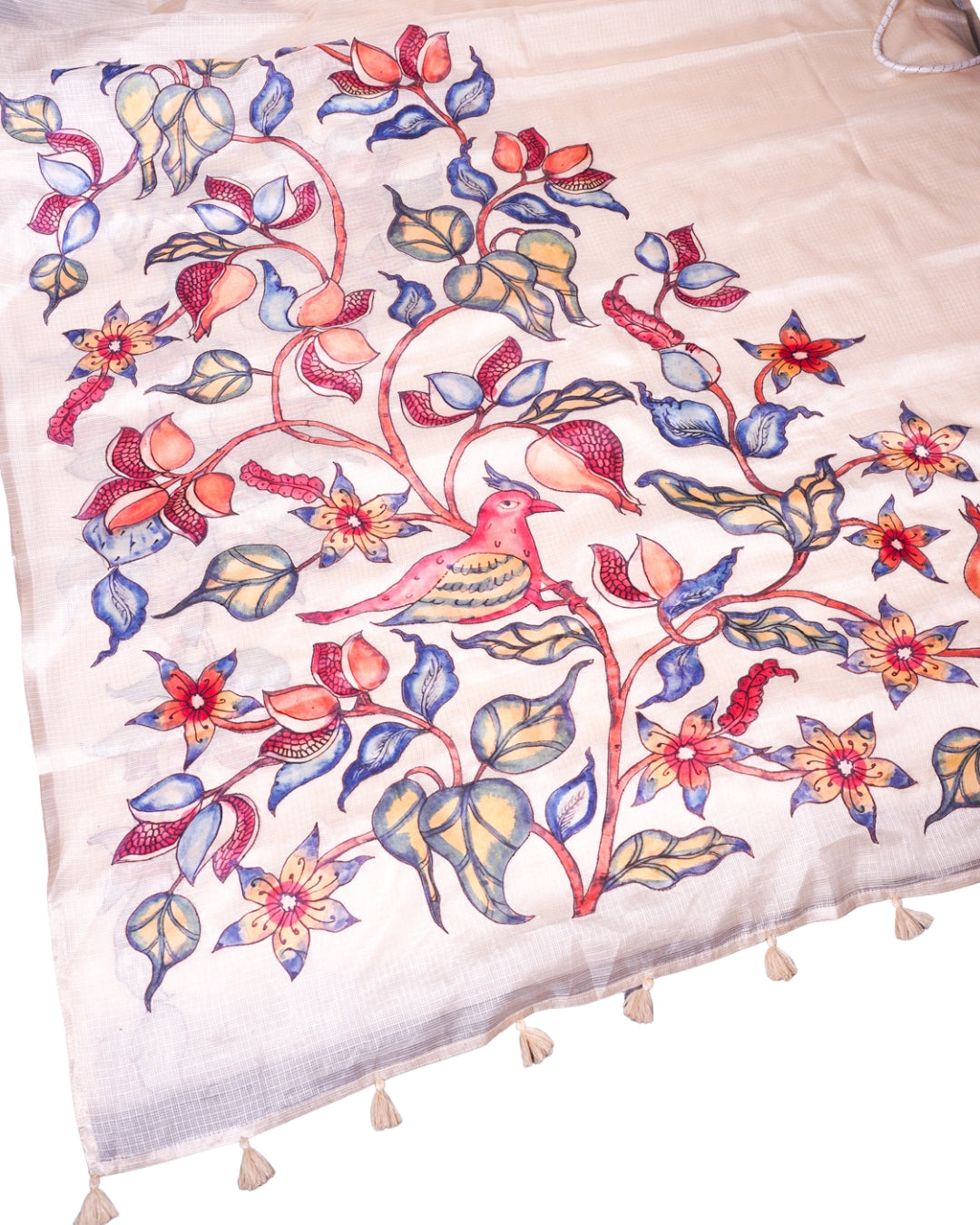 "UTSAV BANARAS 345" Banarasi Cream Munga Silk Saree With Multicolored Pomegranate &amp; Bird Applique Embroidery