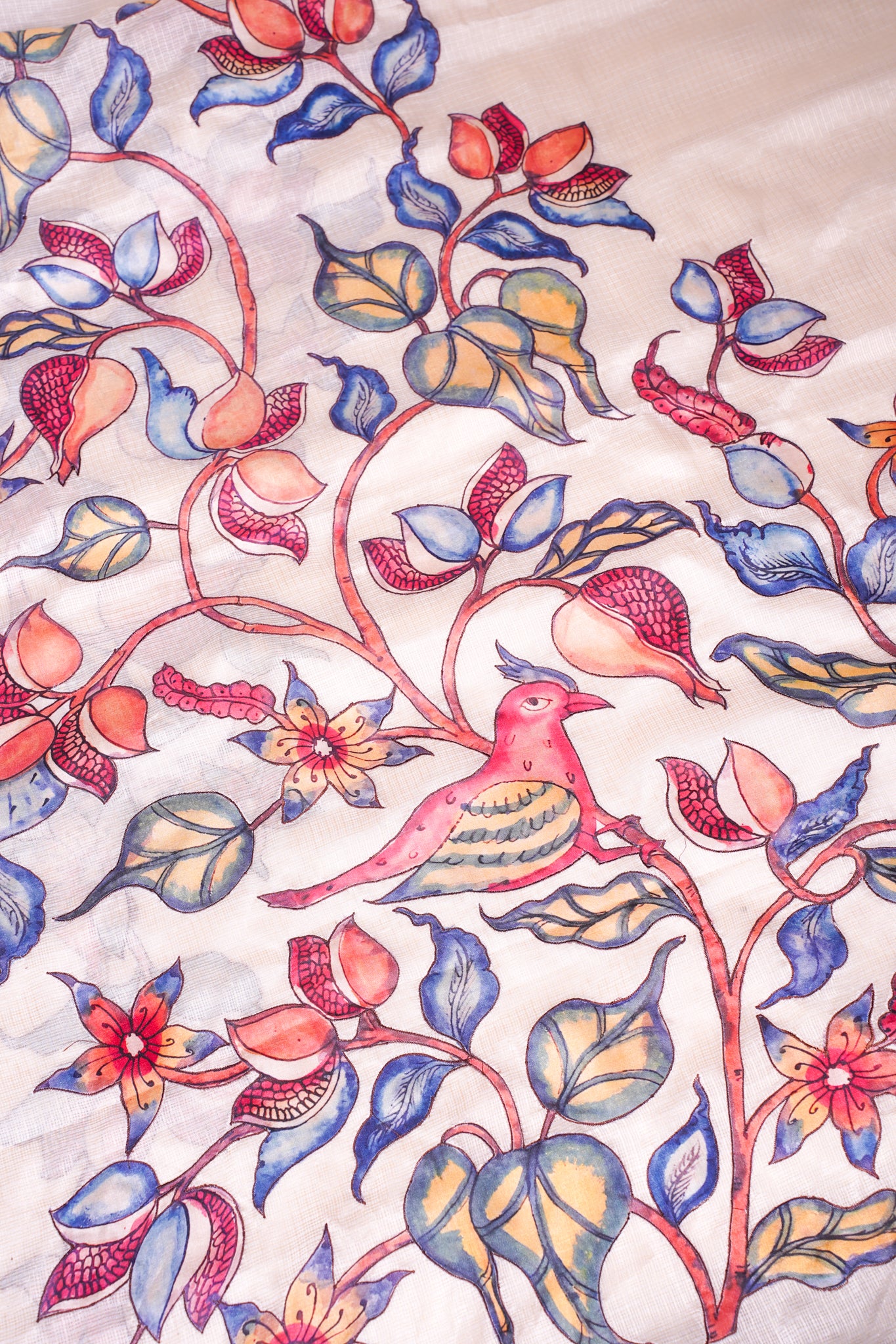 "UTSAV BANARAS 345" Banarasi Cream Munga Silk Saree With Multicolored Pomegranate &amp; Bird Applique Embroidery