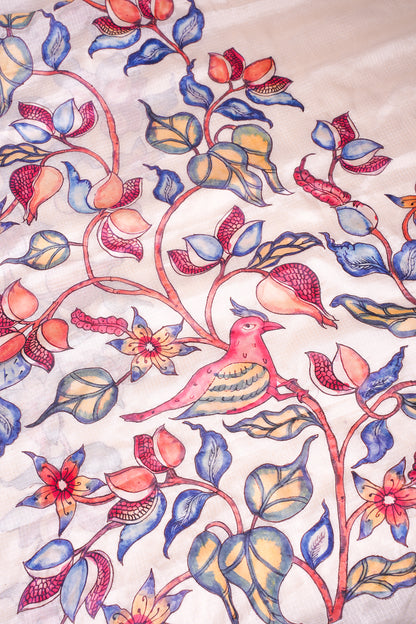 "UTSAV BANARAS 345" Banarasi Cream Munga Silk Saree With Multicolored Pomegranate &amp; Bird Applique Embroidery