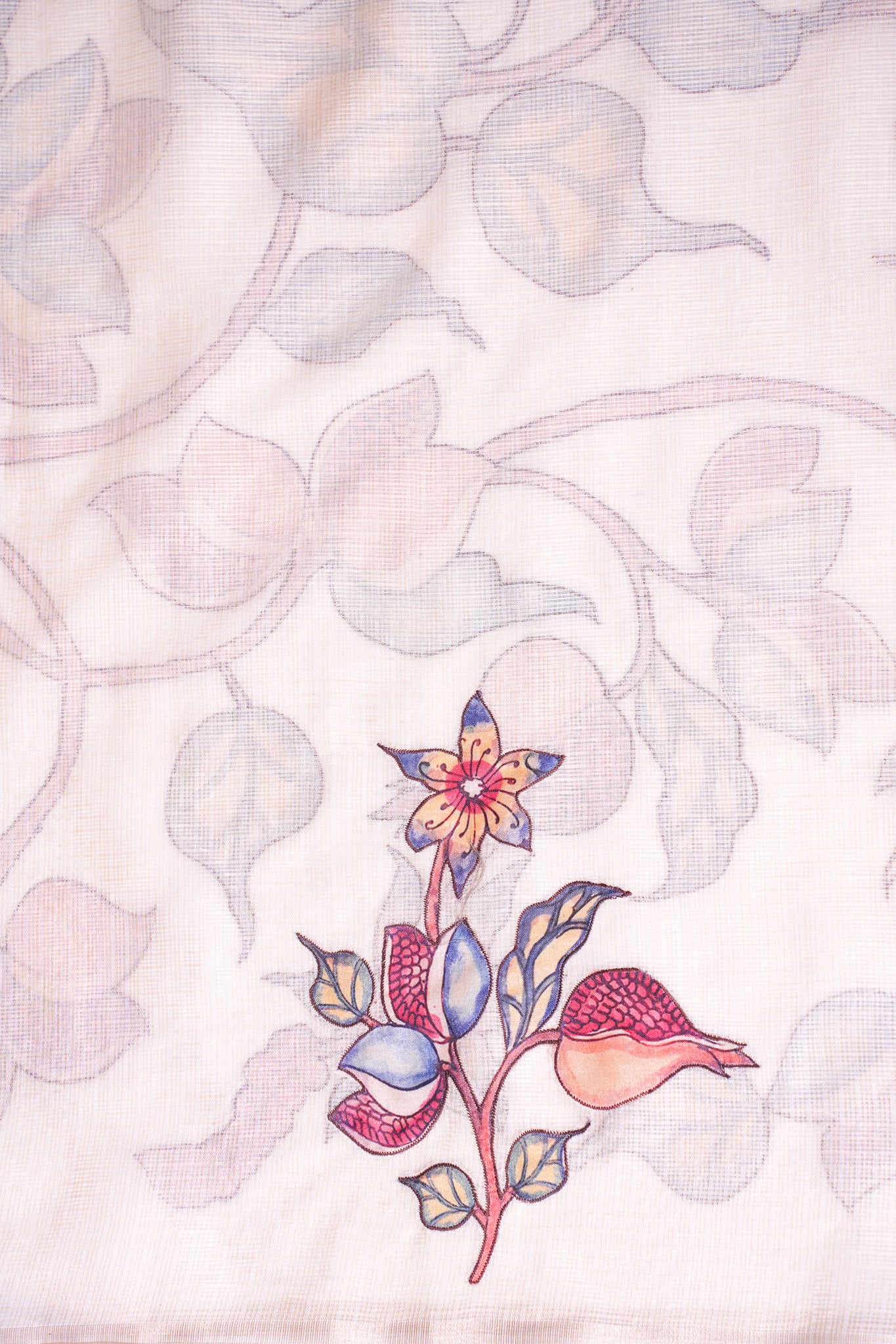 "UTSAV BANARAS 345" Banarasi Cream Munga Silk Saree With Multicolored Pomegranate &amp; Bird Applique Embroidery