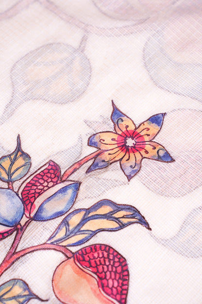 "UTSAV BANARAS 345" Banarasi Cream Munga Silk Saree With Multicolored Pomegranate &amp; Bird Applique Embroidery