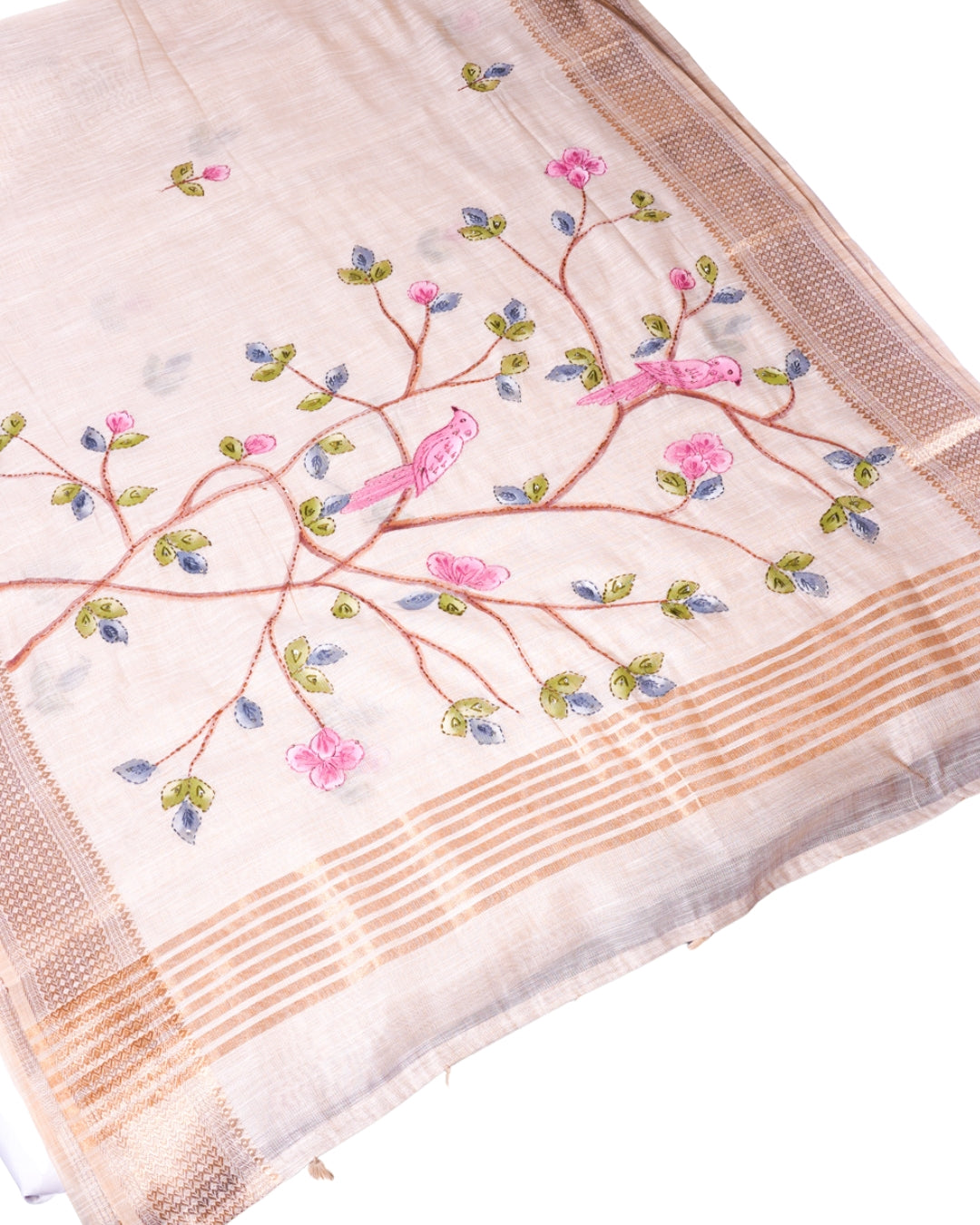 "WAAH BANARAS 119" Banarasi Cream Linen Silk Saree with Pink Bird Resham Embroidery &amp; Golden Zari Border