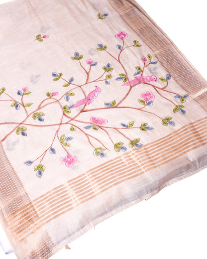 "WAAH BANARAS 119" Banarasi Cream Linen Silk Saree with Pink Bird Resham Embroidery &amp; Golden Zari Border