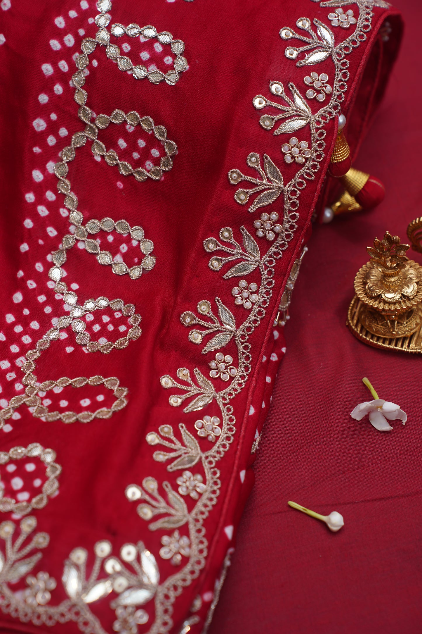 Red Pure Gajji Bandhej Banarasi Handloom Saree With Danka Gota Patti Work