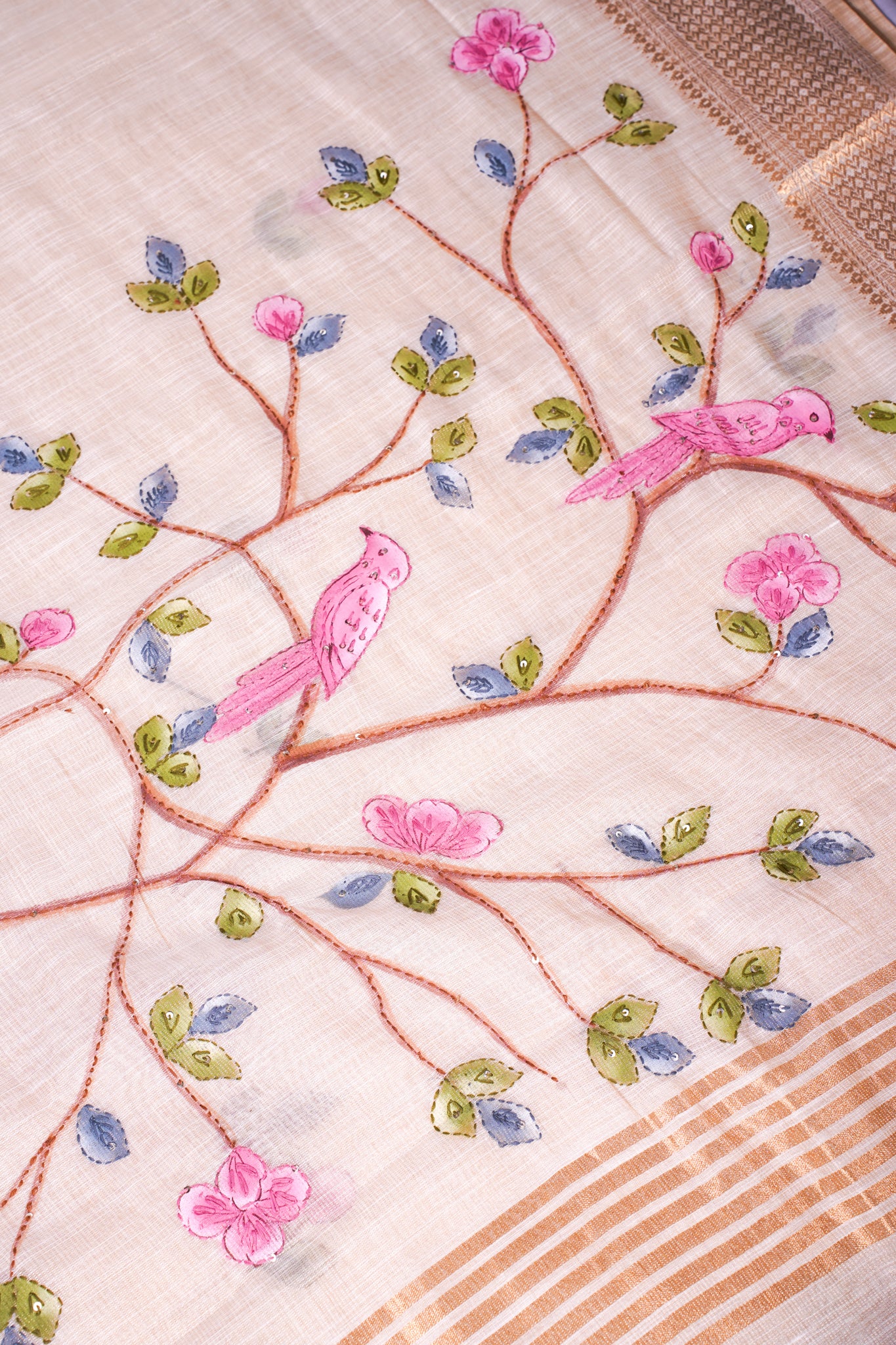 "WAAH BANARAS 119" Banarasi Cream Linen Silk Saree with Pink Bird Resham Embroidery &amp; Golden Zari Border