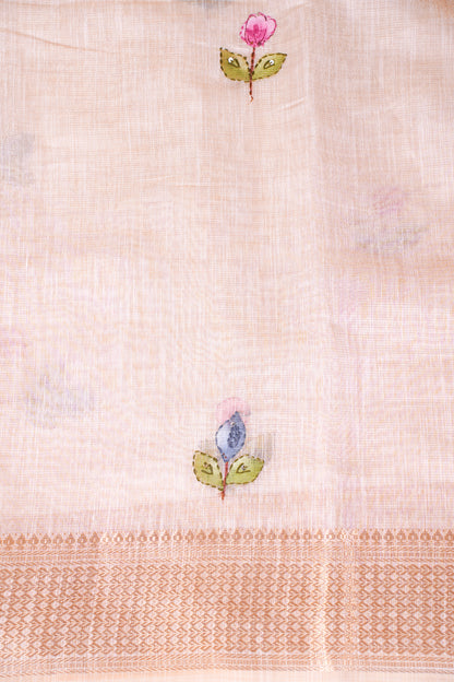 "WAAH BANARAS 119" Banarasi Cream Linen Silk Saree with Pink Bird Resham Embroidery &amp; Golden Zari Border