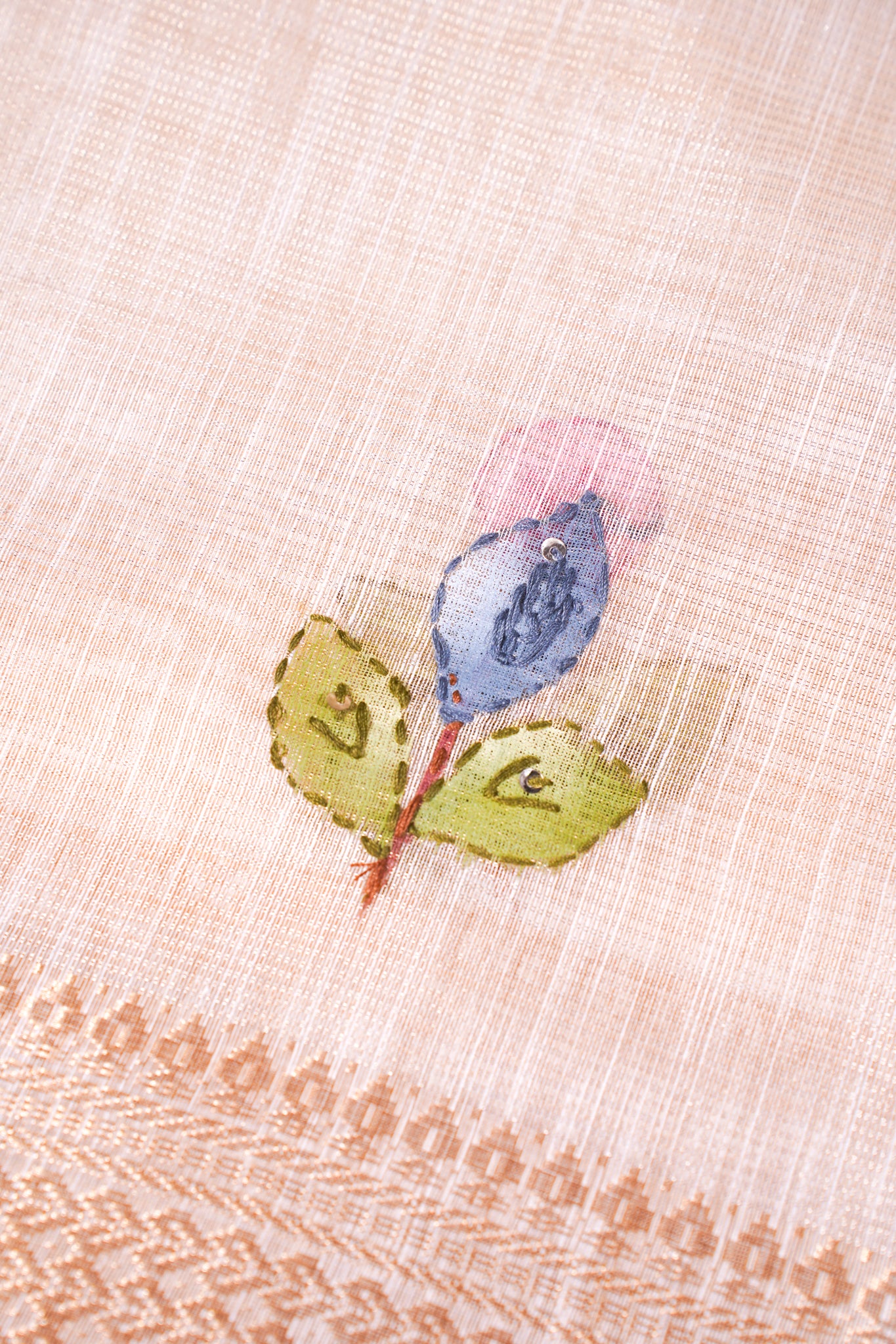 "WAAH BANARAS 119" Banarasi Cream Linen Silk Saree with Pink Bird Resham Embroidery &amp; Golden Zari Border