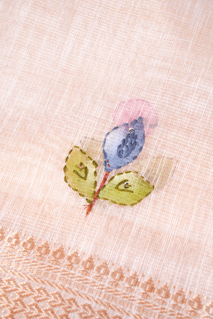 "WAAH BANARAS 119" Banarasi Cream Linen Silk Saree with Pink Bird Resham Embroidery &amp; Golden Zari Border
