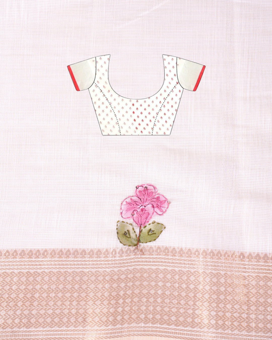 "WAAH BANARAS 119" Banarasi Cream Linen Silk Saree with Pink Bird Resham Embroidery &amp; Golden Zari Border
