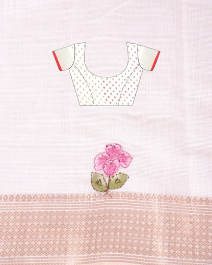 "WAAH BANARAS 119" Banarasi Cream Linen Silk Saree with Pink Bird Resham Embroidery &amp; Golden Zari Border
