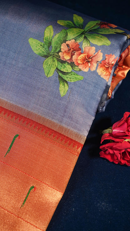 "UTSAV BANARAS 145" Banarasi Ocean Blue Digital Print Paithani Silk Saree