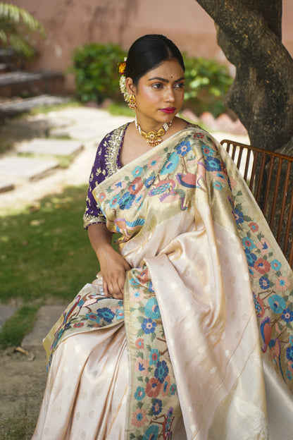 Off White Pure Kanjivaram Silk Handwoven Saree