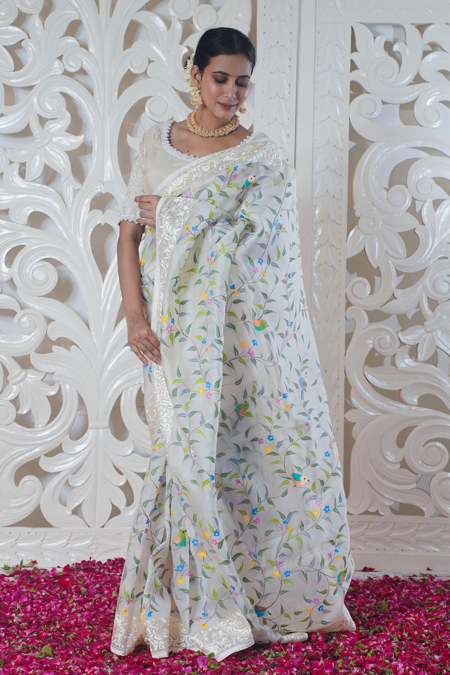 White pure Banarasi silk saree thread work on border