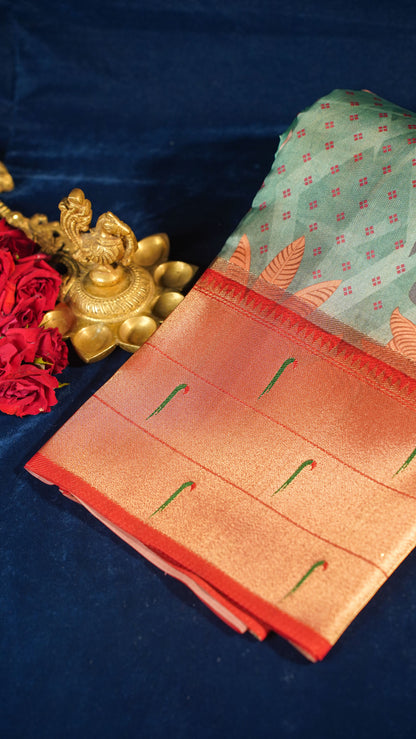 "UTSAV BANARAS 146" Banarasi Light Green Digital Print Paithani Silk Saree
