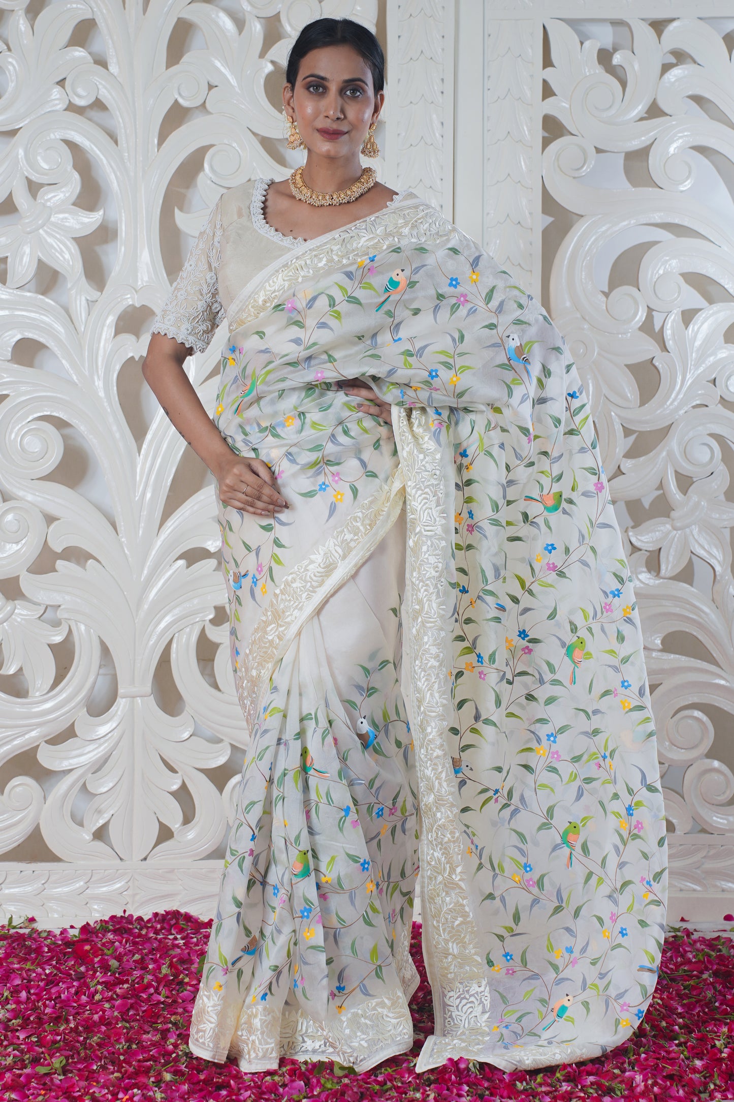 White pure Banarasi silk saree thread work on border