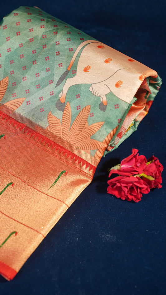 "UTSAV BANARAS 146" Banarasi Light Green Digital Print Paithani Silk Saree