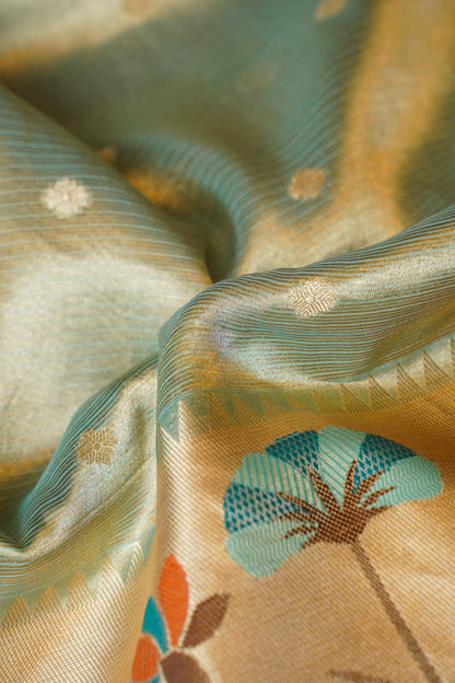 Sea Green Pure Tissue Silk Paithani Banarasi Handloom Saree