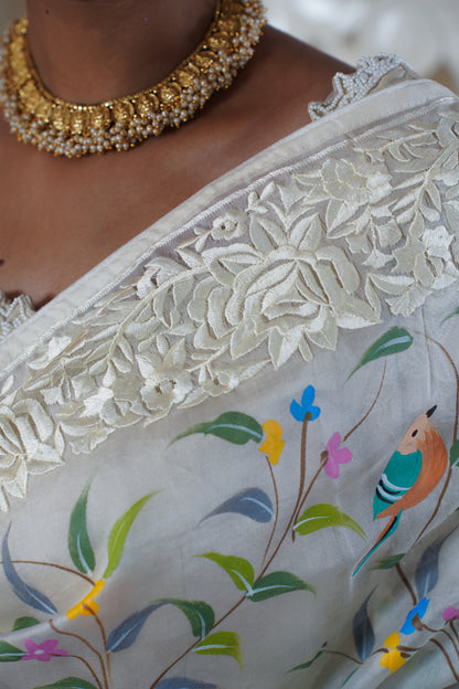 White pure Banarasi silk saree thread work on border