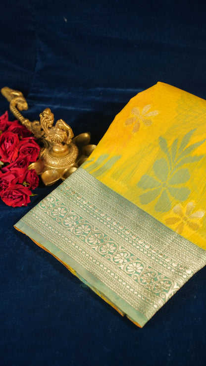 "UTSAV BANARAS 139" Banarasi Yellow Jamdani Cotton Silk Saree