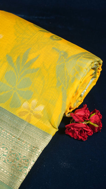 "UTSAV BANARAS 139" Banarasi Yellow Jamdani Cotton Silk Saree