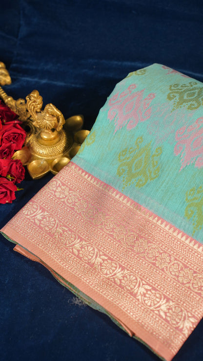 "UTSAV BANARAS 140" Banarasi Light Teal Jamdani Cotton Silk Saree