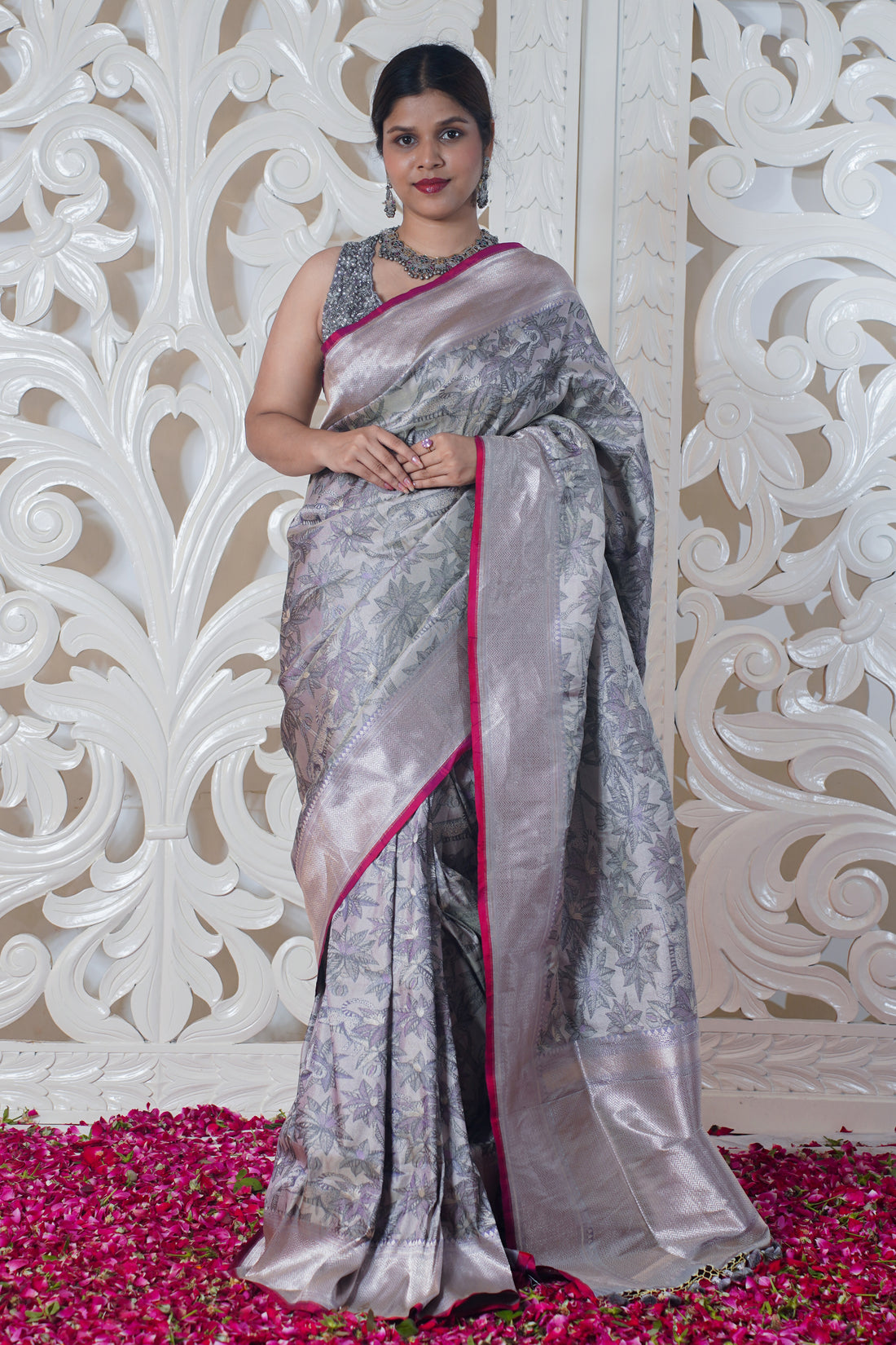VIRASAT 325: Pure Banarasi Silk Saree In Grey color
