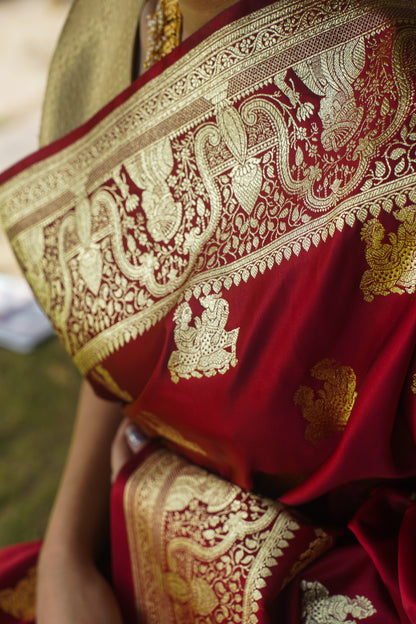 Maroon Pure Banarasi Handwoven Wedding Saree