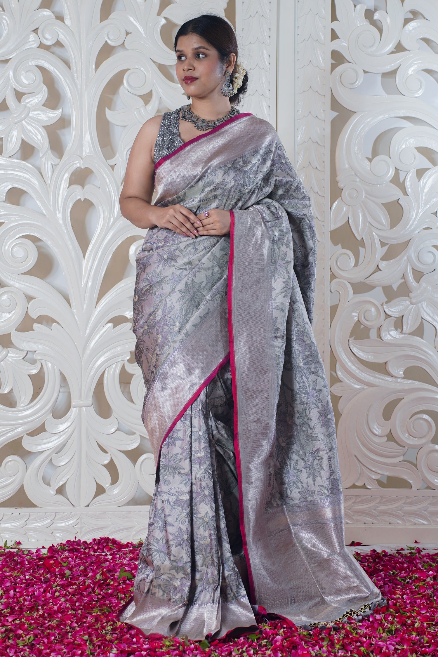 VIRASAT 325: Pure Banarasi Silk Saree In Grey color