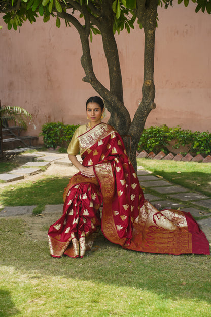 Maroon Pure Banarasi Handwoven Wedding Saree