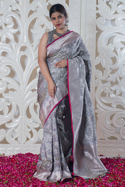 Grey pure Banarasi silk saree