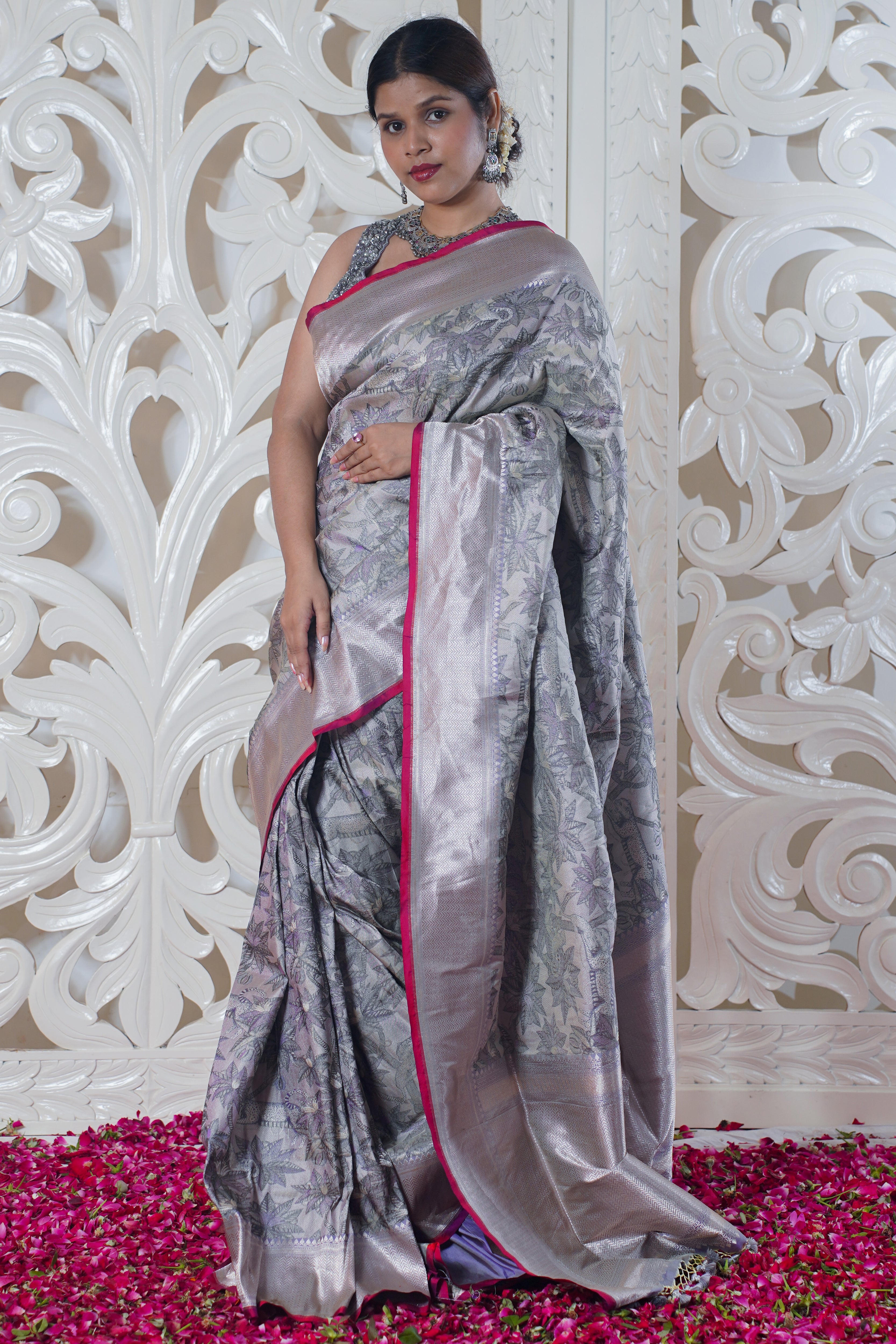 VIRASAT 325: Pure Banarasi Silk Saree In Grey color