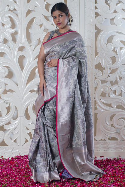 Grey pure Banarasi silk saree