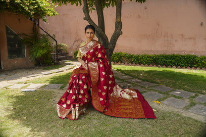 Maroon Pure Banarasi Handwoven Wedding Saree