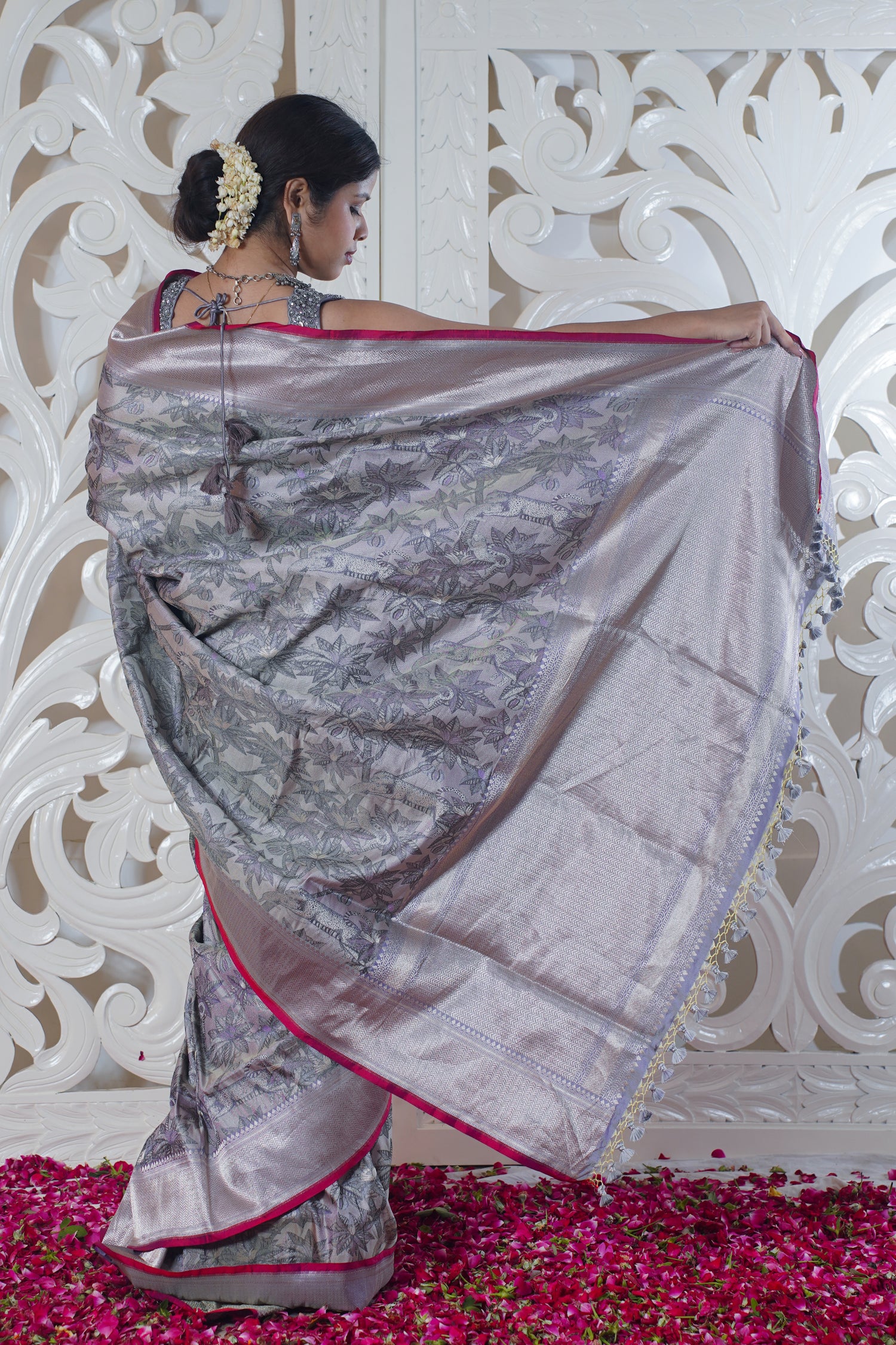 VIRASAT 325: Pure Banarasi Silk Saree In Grey color