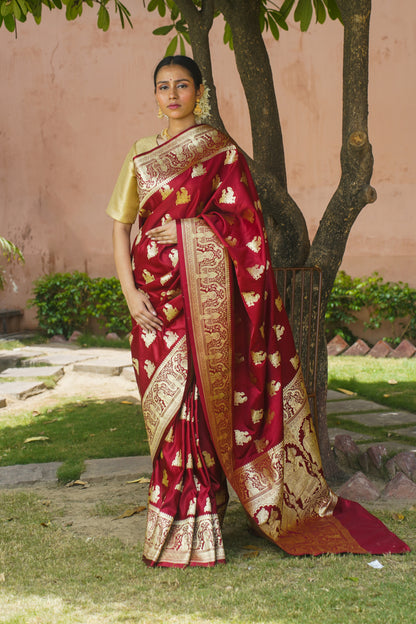 Maroon Pure Banarasi Handwoven Wedding Saree