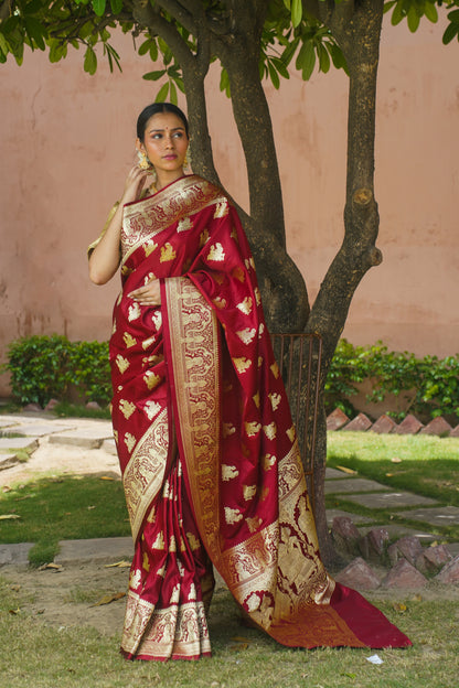 Maroon Pure Banarasi Handwoven Wedding Saree