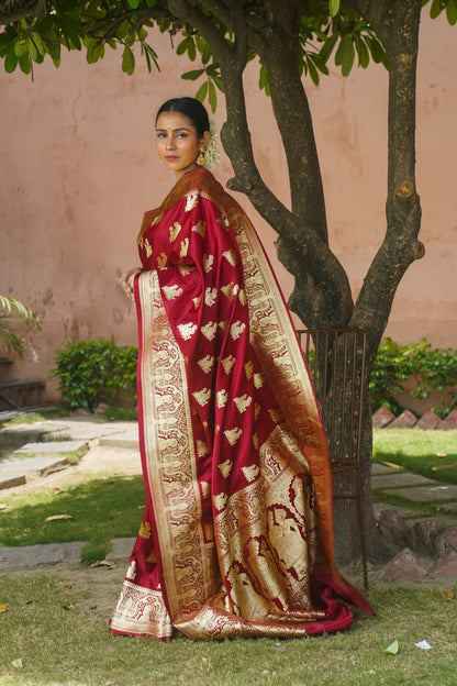 Maroon Pure Banarasi Handwoven Wedding Saree